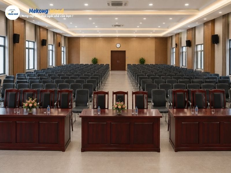 Hình ảnh mẫu bàn hội trường thiết kế thi công bởi mekongwood
