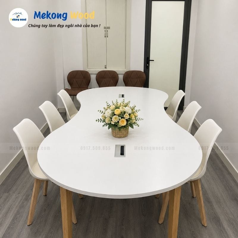 Hình ảnh bàn hộp kiểu dáng hạt đậu gỗ công nghiệp phủ melamine tone màu trắng