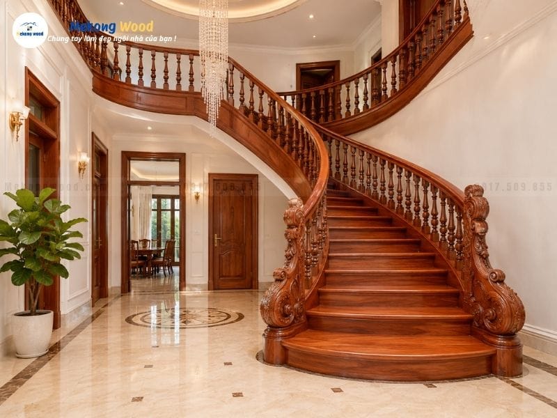 Mẫu cầu thang tân cổ điển gỗ căm xe
