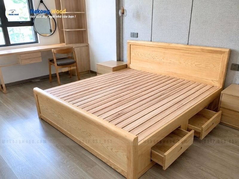 Hình ảnh giường ngủ gỗ sồi 2 ngắn kéo tại phòng ngủ