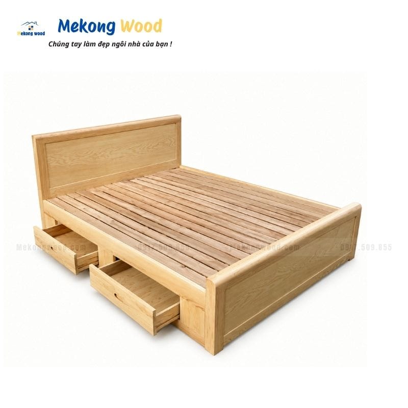 giường ngủ gỗ sồi 2 ngăn kéo hiện đại