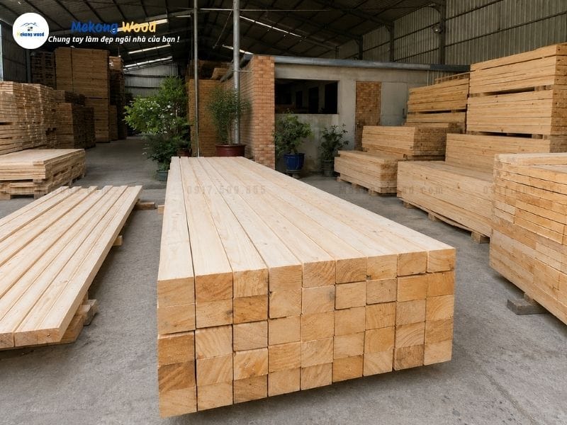 Hình ảnh gỗ thông xẻ thành từng thanh để sản xuất nội thất