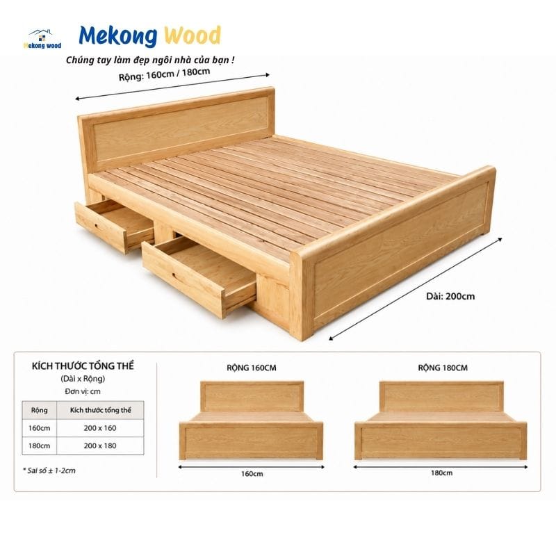 Kích thước giường ngủ gỗ sồi tại Mekongwood