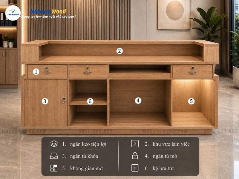 Mặt bên trong quầy lễ tân gỗ công nghiêp1m6