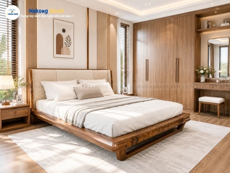 Phòng ngủ với giường ngủ gỗ óc chó bọc nệm cùng nội thất sang trọng và cao cấp