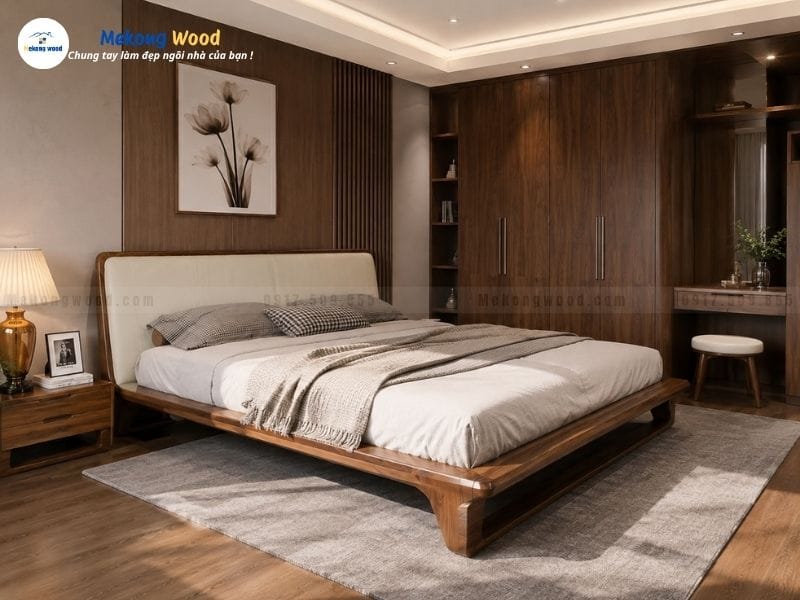 Mẫu giường gỗ óc chó chân quỳ bọc nệm cao cấp và sang trọng