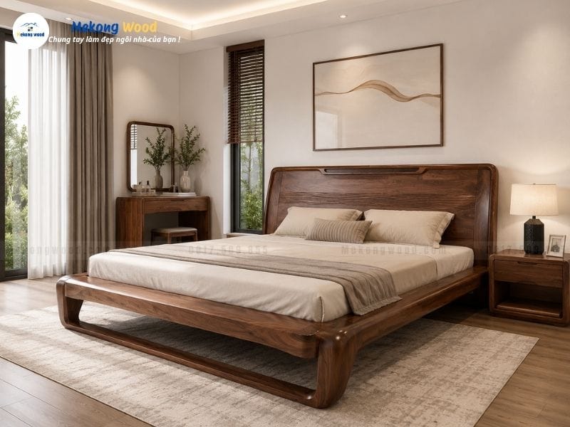 Hình ảnh phòng ngủ với giường ngủ  và nội thất gỗ óc chó