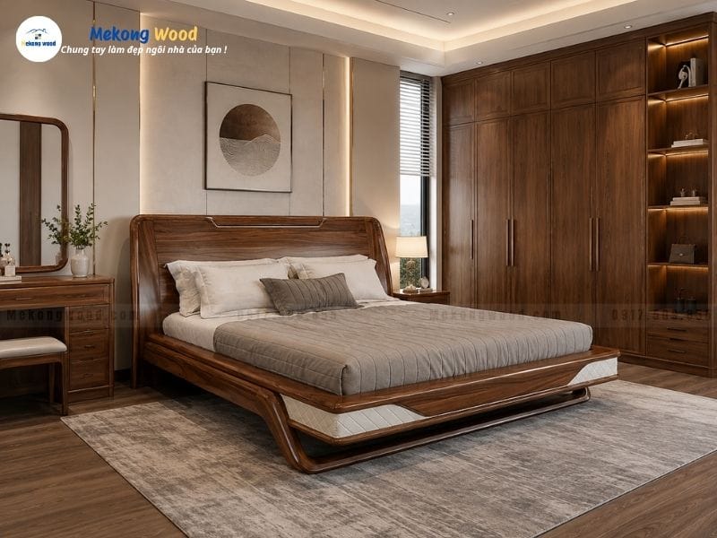 Hình ảnh mẫu giường ngủ gỗ óc chó phong cách luxury