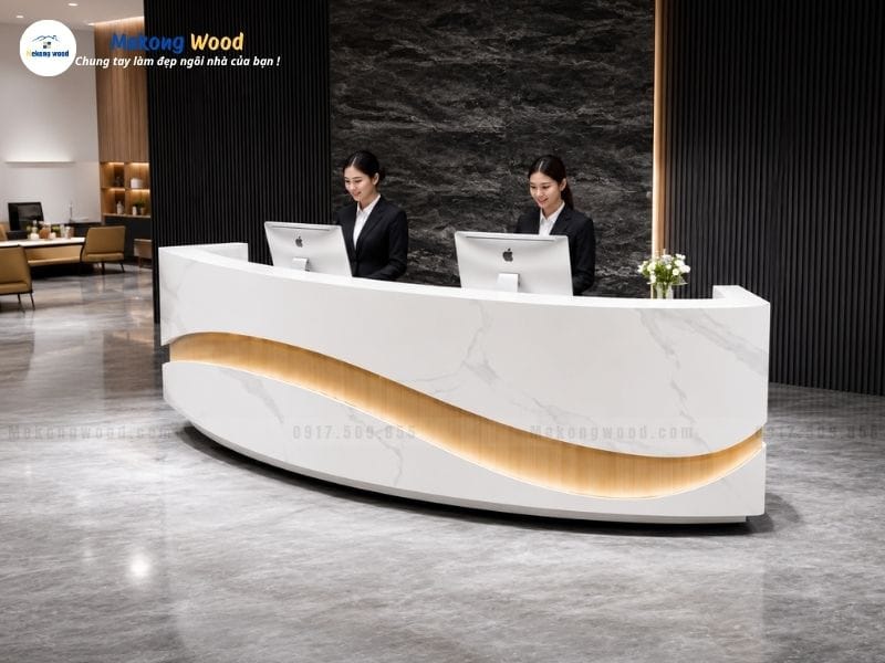 Hình ảnh quầy lễ tân thiết kế hiện đại bởi Mekongwood