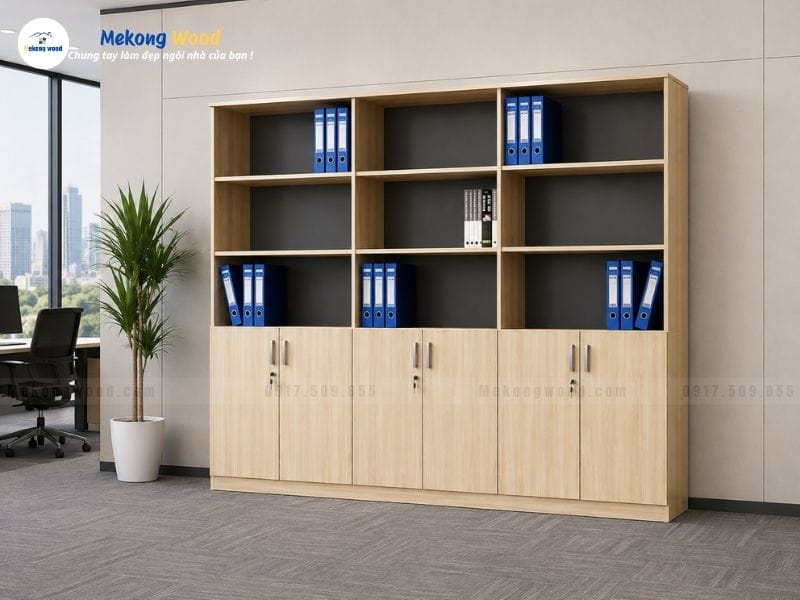 Hình ảnh mẫu tủ hồ sơ màu gỗ sồi được thi công bởi Mekongwood