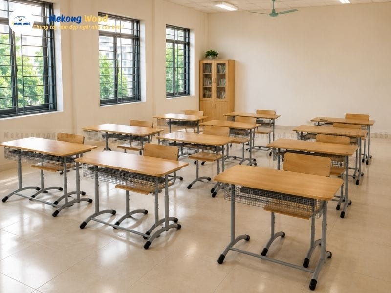 Bàn ghế học sinh tiểu học gia công bằng khung sắt và mặt bàn gỗ công nghiệp