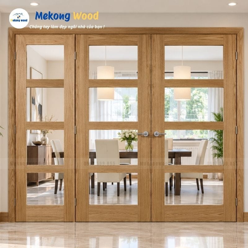 Mẫu cửa gỗ sồi 3 cánh kính tinh tế cho phòng khách